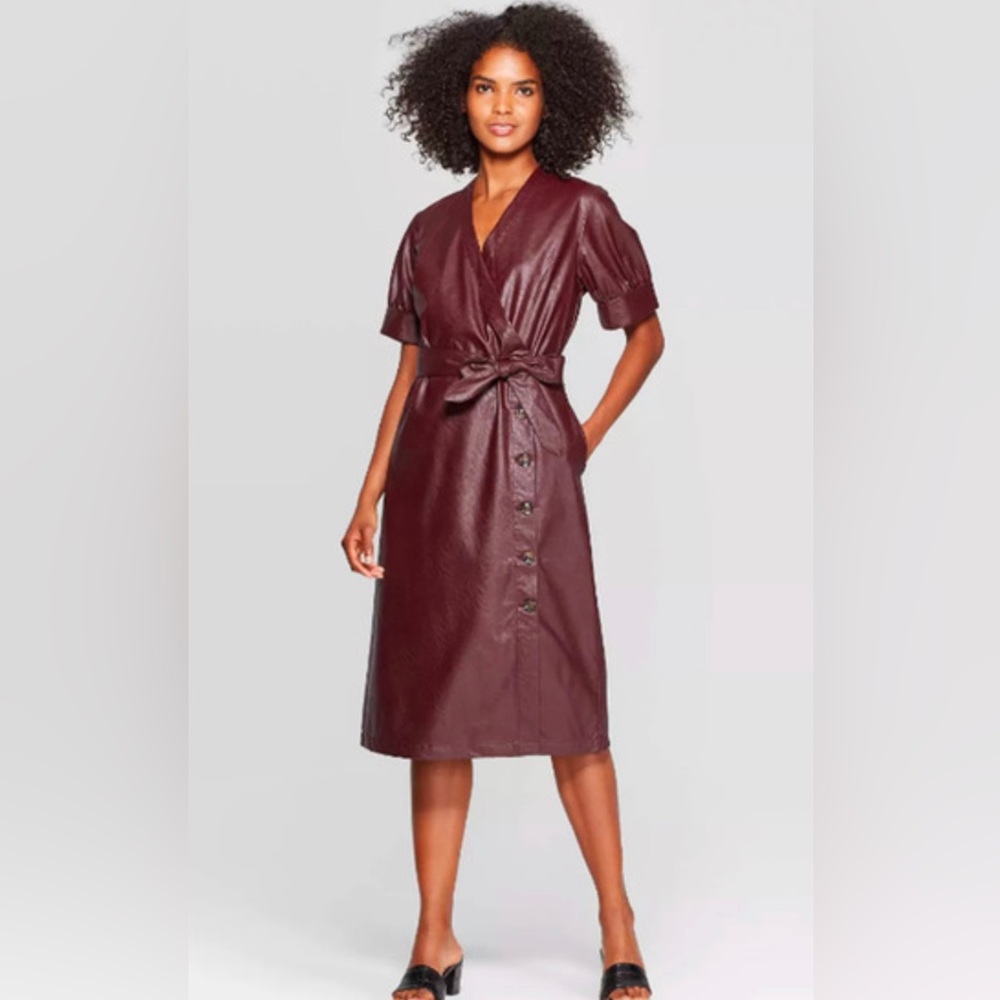 Women’s Faux Leather Wrap Midi Dress in Burgundy